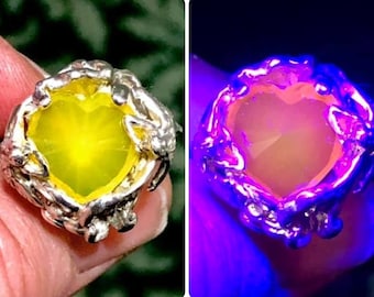 Art Nouveau victorian silver double flower butterfly fairy selenium glass heart ,yellow glows pink alternative engagement wedding ring