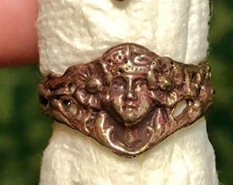 Art nouveau flower fairy lady girl face ring shibuichi, copper and silver alloy silver and copper price going up