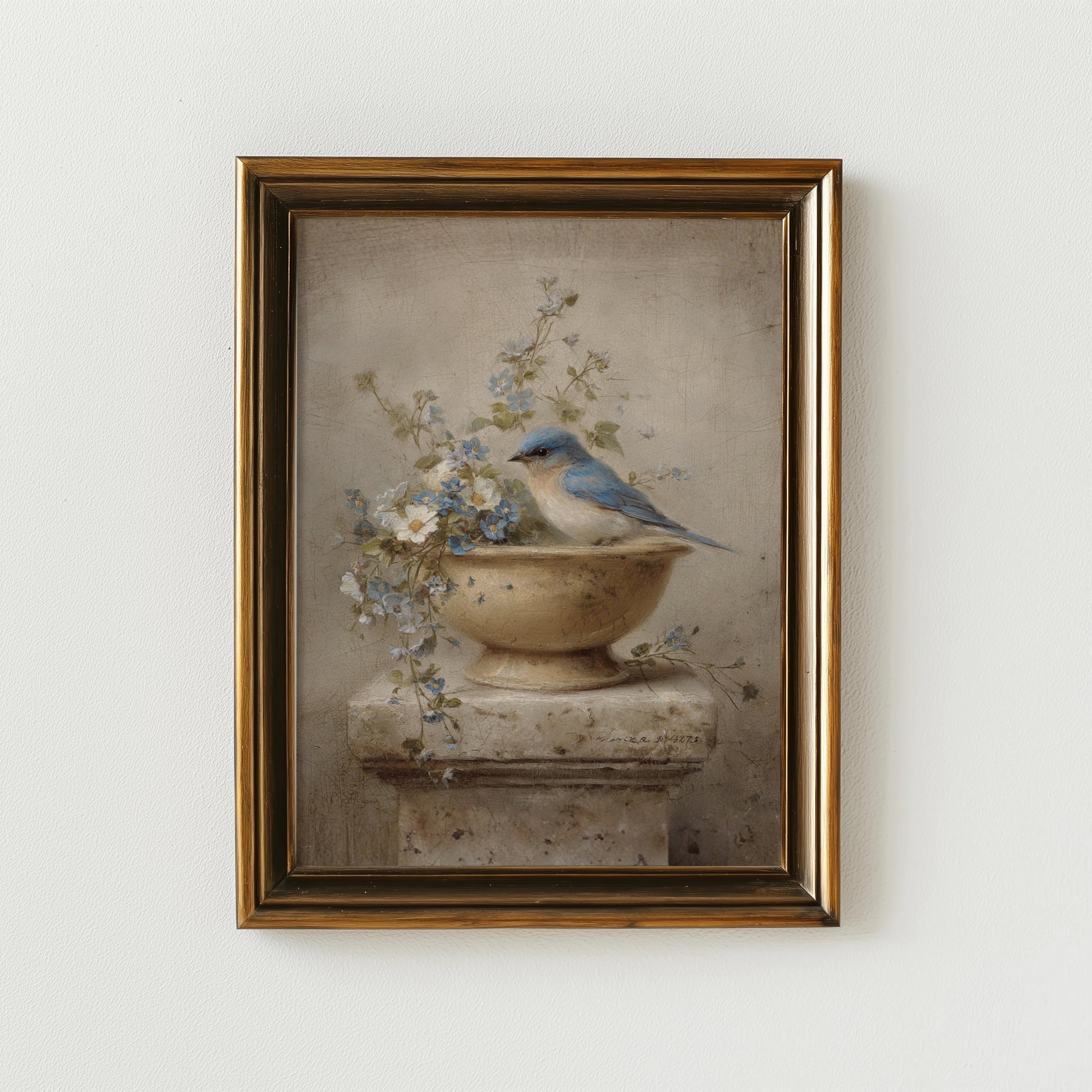 Vintage Blue Bird Wall Art Printable, Antique Floral Bird Painting ...