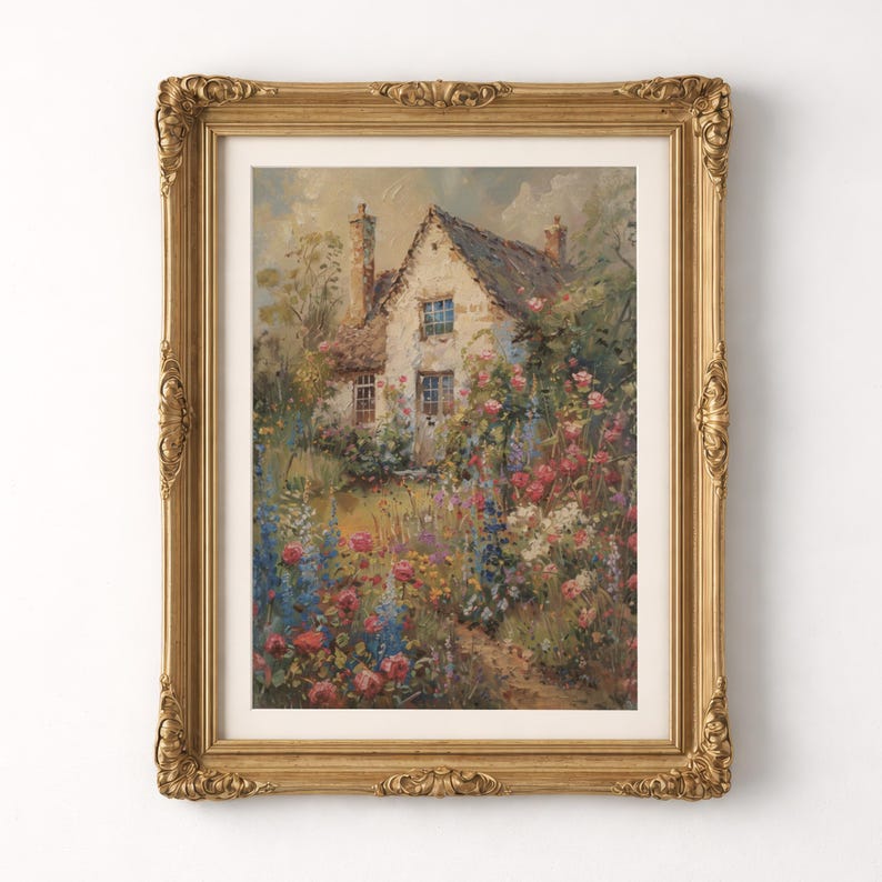 Vintage Cottage Garden Wall Art, Floral Landscape Painting, Antique ...