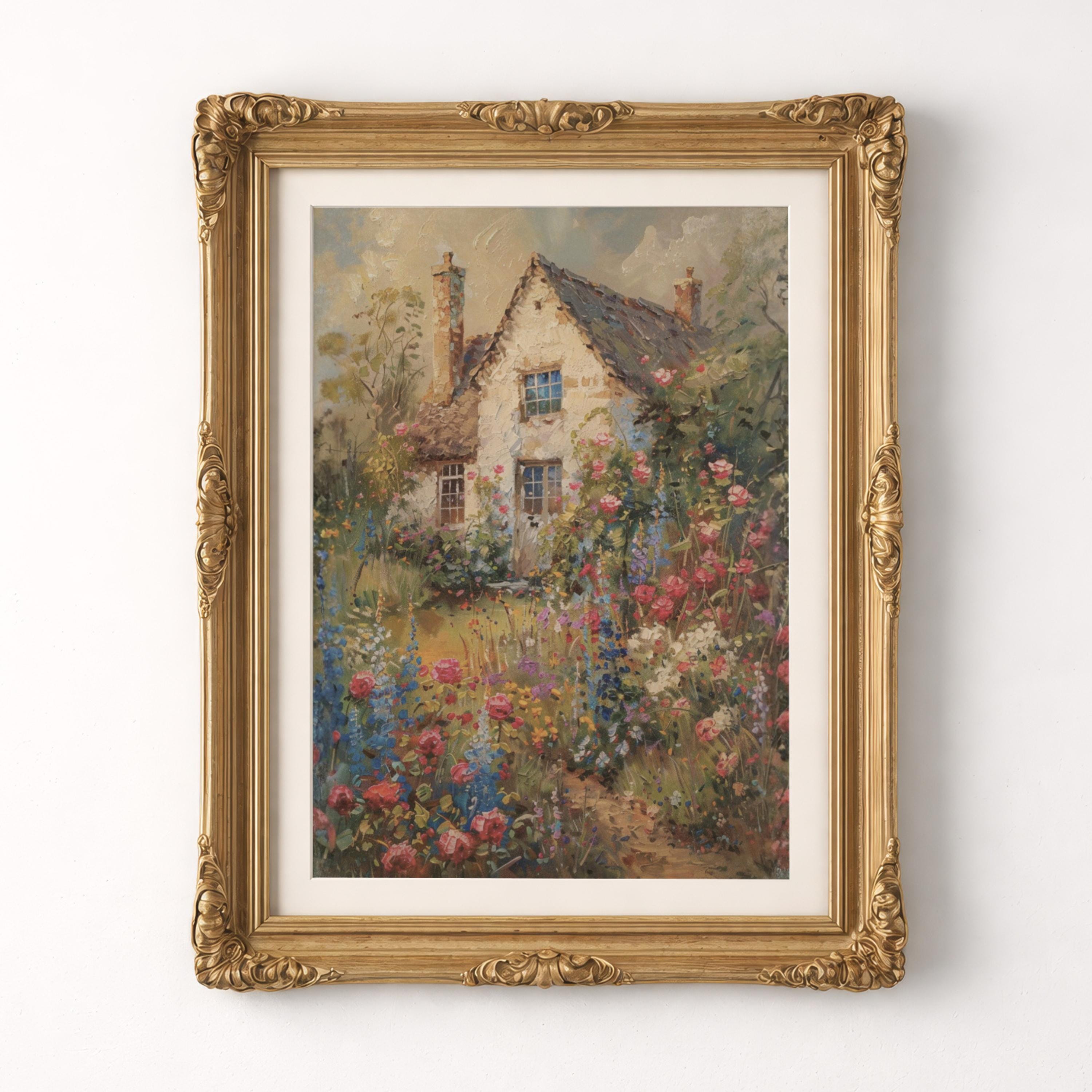 Vintage Cottage Garden Wall Art, Floral Landscape Painting, Antique ...
