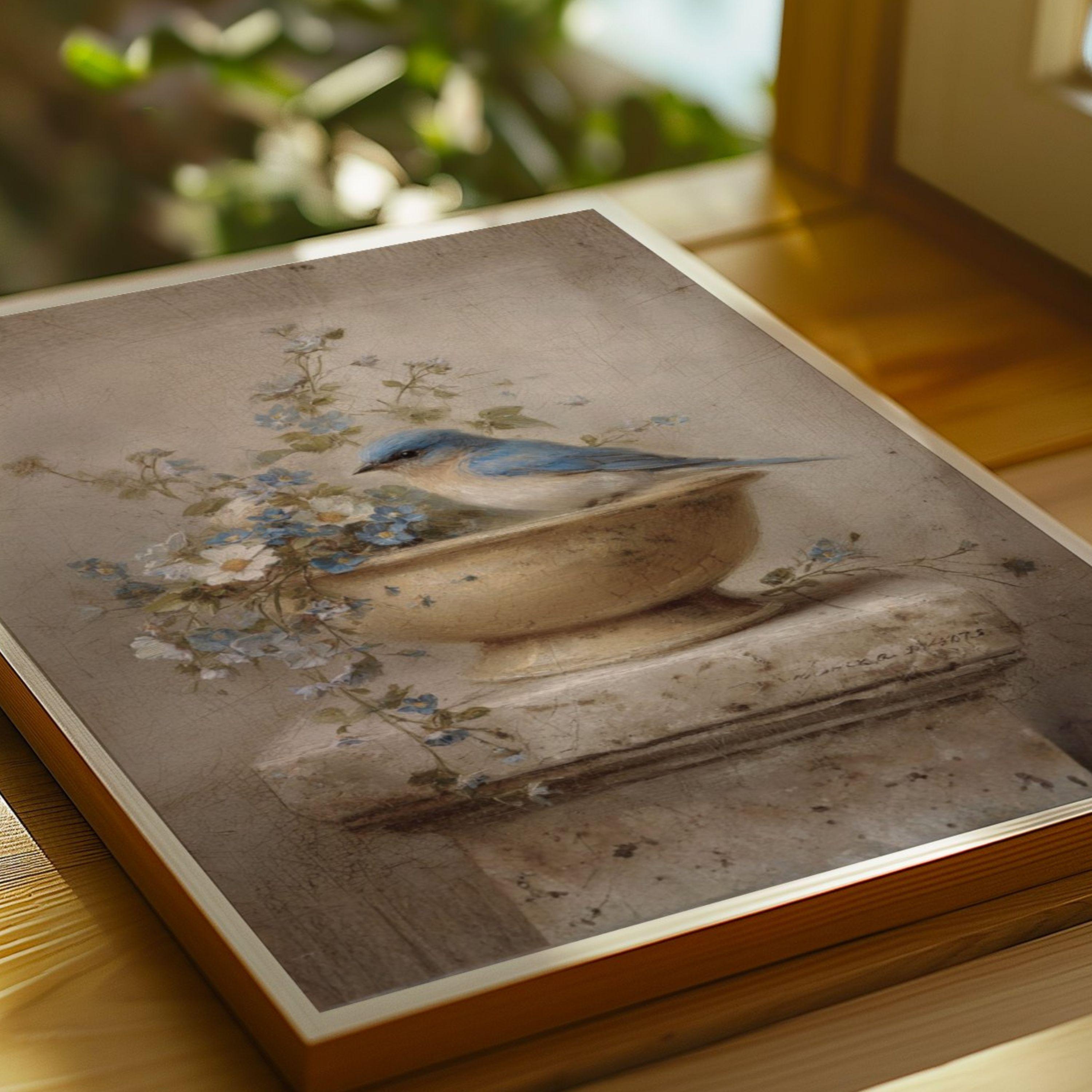 Vintage Blue Bird Wall Art Printable, Antique Floral Bird Painting ...
