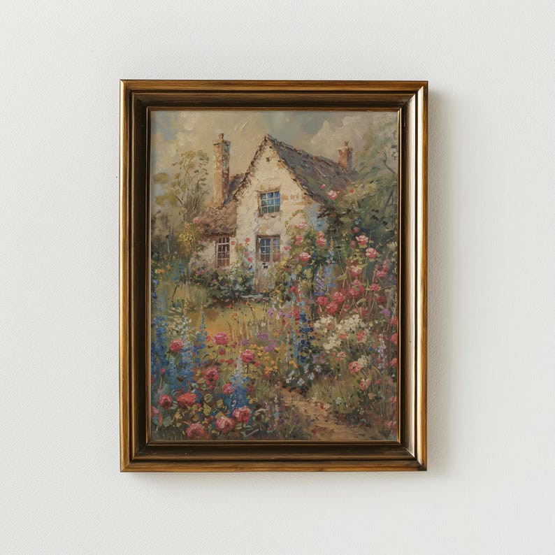 Vintage Cottage Garden Wall Art, Floral Landscape Painting, Antique ...
