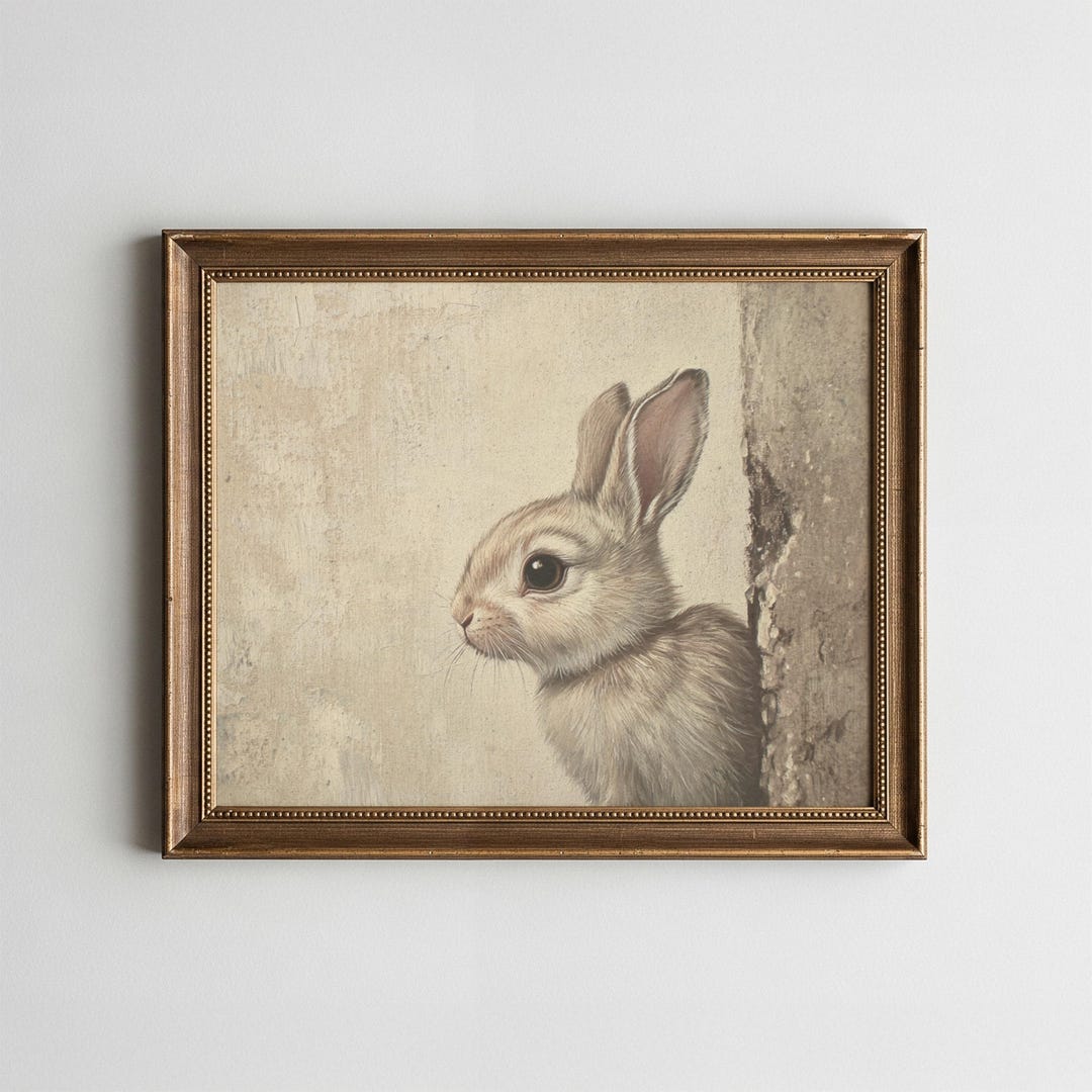 Vintage Bunny Wall Art Printable, Neutral Rabbit Painting, Rustic ...