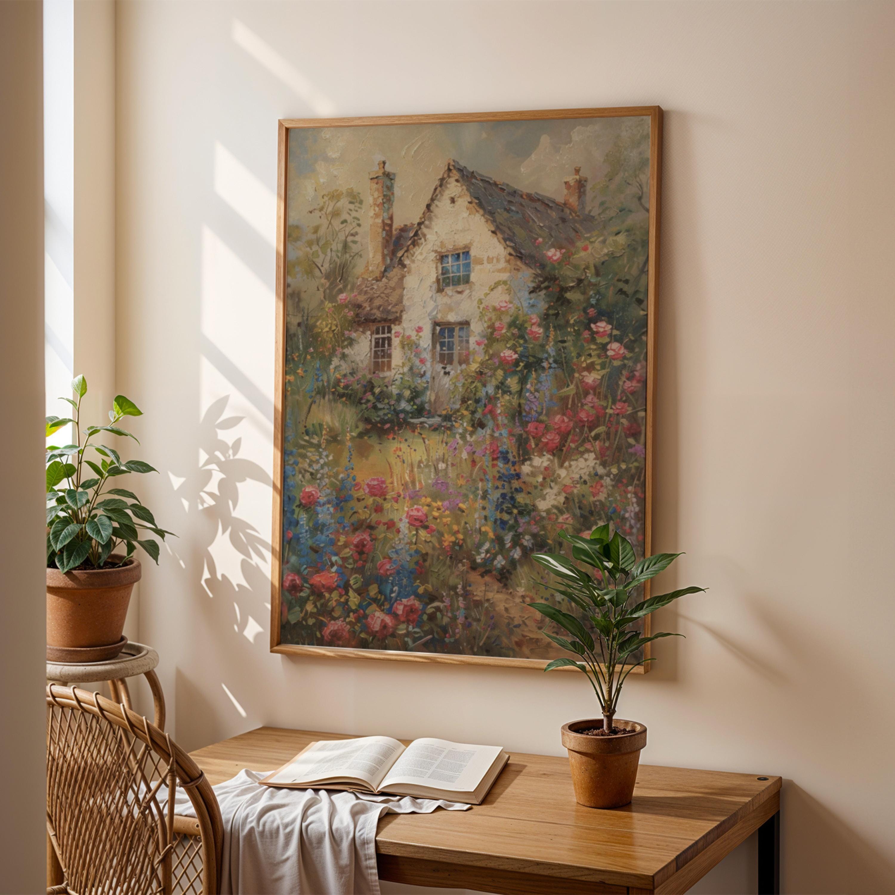 Vintage Cottage Garden Wall Art, Floral Landscape Painting, Antique ...