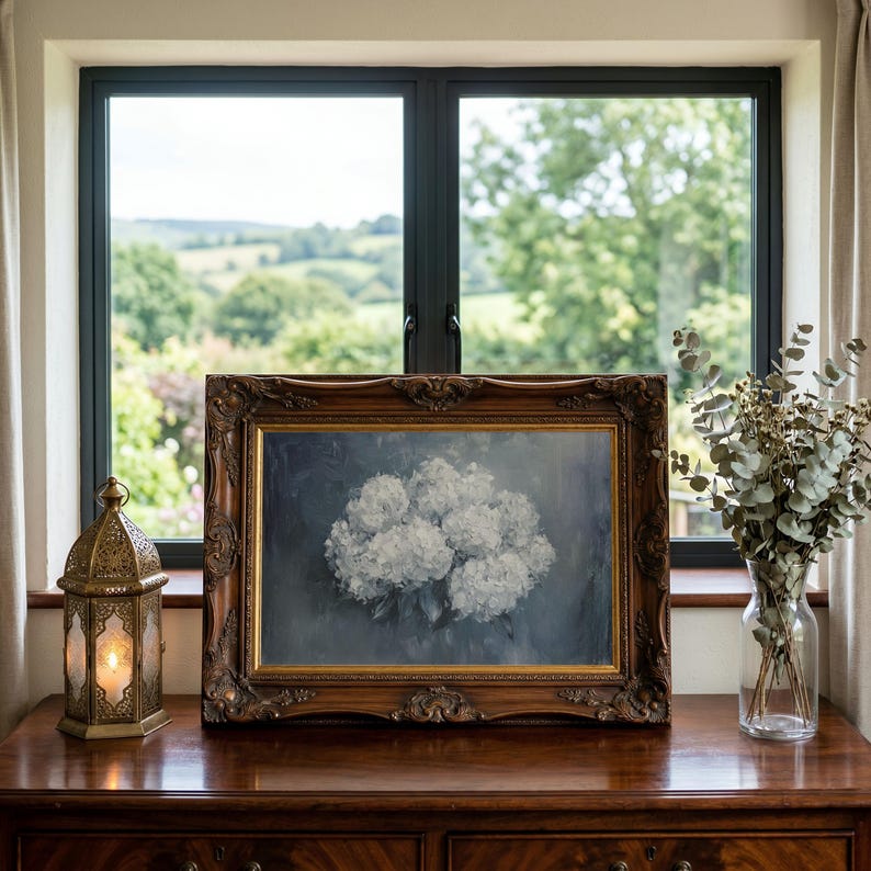 Vintage Hydrangea Wall Art, Antique Floral Painting, White Flower ...