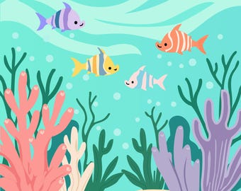 Ocean Nursery Art Print | Underwater Sea Life, Kids Room | Samsung Frame TV (Digital Download)