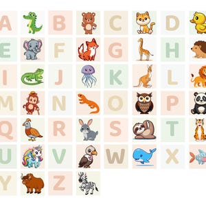 以下が含まれることがあります： アルファベットチャート。各文字に動物のイラストが添えられています。イラストには、緑のアリゲーター、茶色のクマ、オレンジ色の猫、黄色のアヒル、灰色の象、赤いキツネ、キリン、ハリネズミ、緑色のイグアナ、クラゲが含まれています。