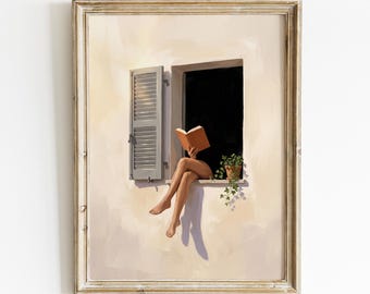Book Lover Wall Art | Minimalist Window Print | Calm Summer Window Scene | Cozy Reading Nook Room Decor | Soft Dopamine Home Decor Print