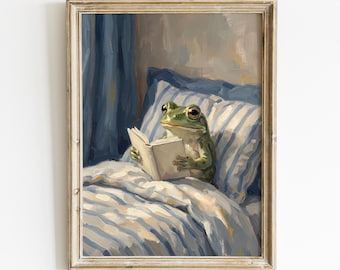 Frog Wall Art | Reading Frog Print for Book Lovers | Cozy Cottagecore Animal Poster for Bedroom Nursery Reading Nook Decor | Bookworm Gift