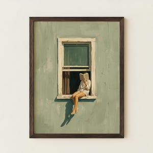 Stampa artistica da parete verde smeraldo per la lettura / Decorazione per biblioteca con donna che legge / Stampa regalo per amanti dei libri / Decorazione minimalista per la camera da letto che stimola la dopamina / Angolo accogliente