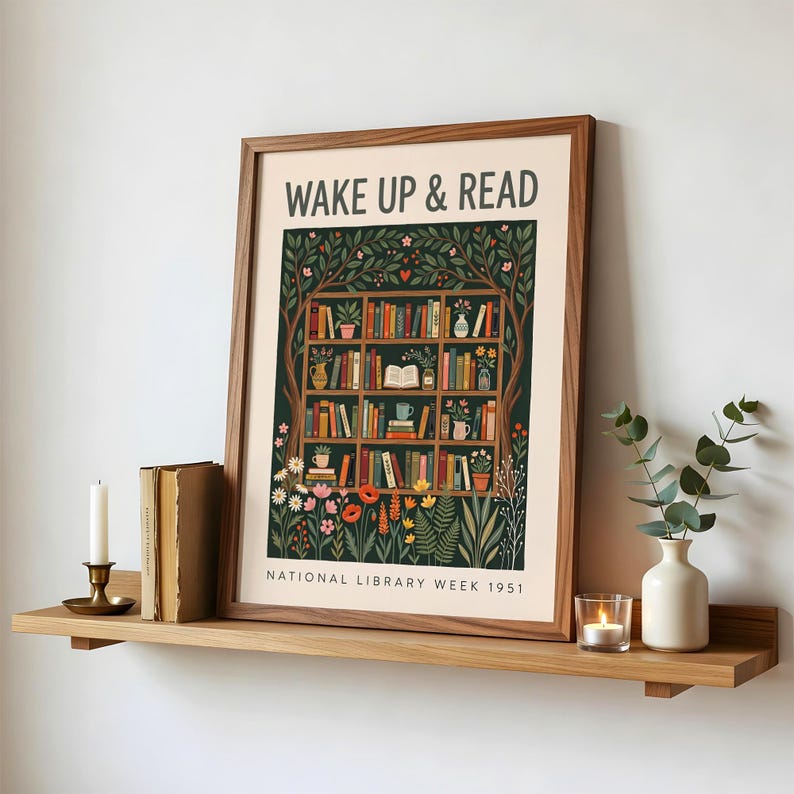 May include: A framed print with the text "WAKE UP & READ" above a detailed illustration of a bookshelf filled with books and plants. The print is on a wooden shelf with a candle, books, and a vase.