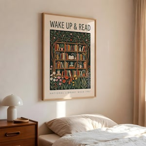 May include: A framed poster featuring the text "WAKE UP & READ" above a detailed illustration of a bookshelf filled with books, plants, and flowers. The text "NATIONAL LIBRARY WEEK 1951" is at the bottom.