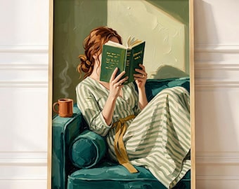 Emerald Green Wall Art | Woman Reading Portrait | Minimalist Abstract Bookish Art | Cozy Contemporary Living Room Decor | Book Nook Gift