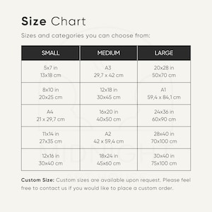 May include: A size chart displaying print sizes in inches and centimetres. Sizes range from small, such as 5x7 in (13x18 cm), to large, including 30x40 in (75x100 cm). Custom sizes are available upon request.