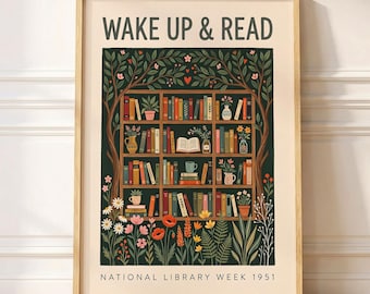以下が含まれることがあります： 「WAKE UP & READ」の文字が上部に書かれた、本棚のデザインの額入りアートプリント。様々な本、植物、花が描かれており、下部には「NATIONAL LIBRARY WEEK 1951」の文字が書かれています。木製のフレームに入っています。