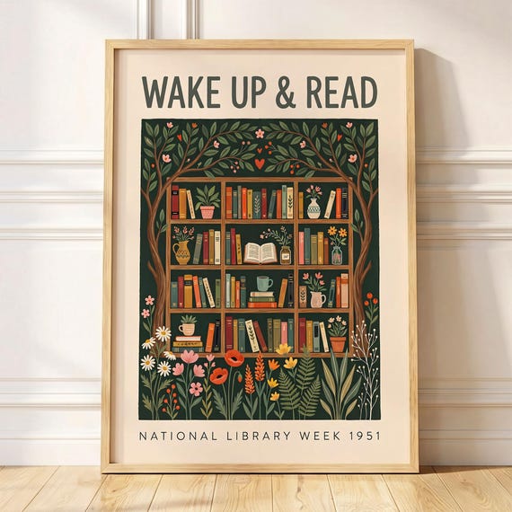 Book Wall Art | Vintage Book Print | Library Reading Room Decor | Book Lover Gift Poster | Library Decor Book and Plant Print | Cozy Study