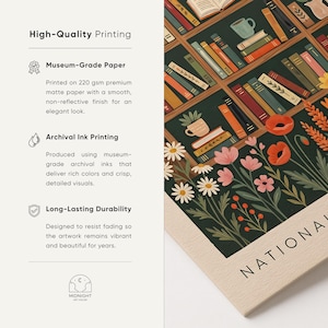May include: A print featuring a bookshelf design with books, flowers, and the text "NATIONAL". The artwork includes a variety of colourful books, daisies, poppies, and other floral elements. The print is made with archival ink on museum-grade paper.