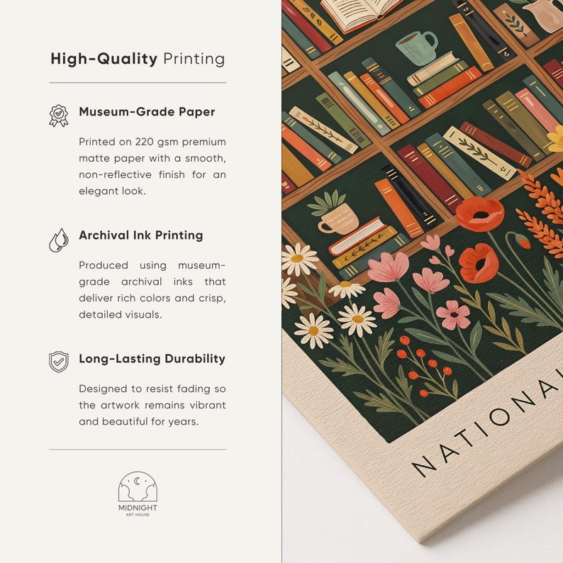 May include: A print featuring a bookshelf design with books, flowers, and the text "NATIONAL". The artwork includes a variety of colourful books, daisies, poppies, and other floral elements. The print is made with archival ink on museum-grade paper.