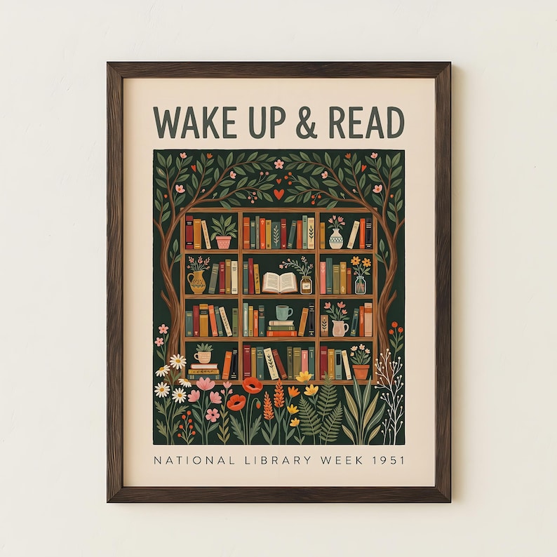 May include: A framed print featuring the words "WAKE UP & READ" above a detailed illustration of a bookshelf filled with books, plants, and a teacup. The bottom of the print reads "NATIONAL LIBRARY WEEK 1951".