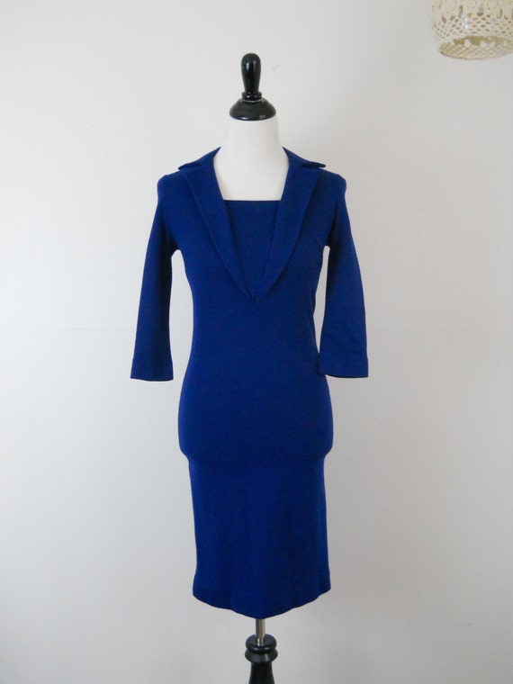 Vintage Navy Blue Wool Fitted Mad Men Dress Size … - image 1