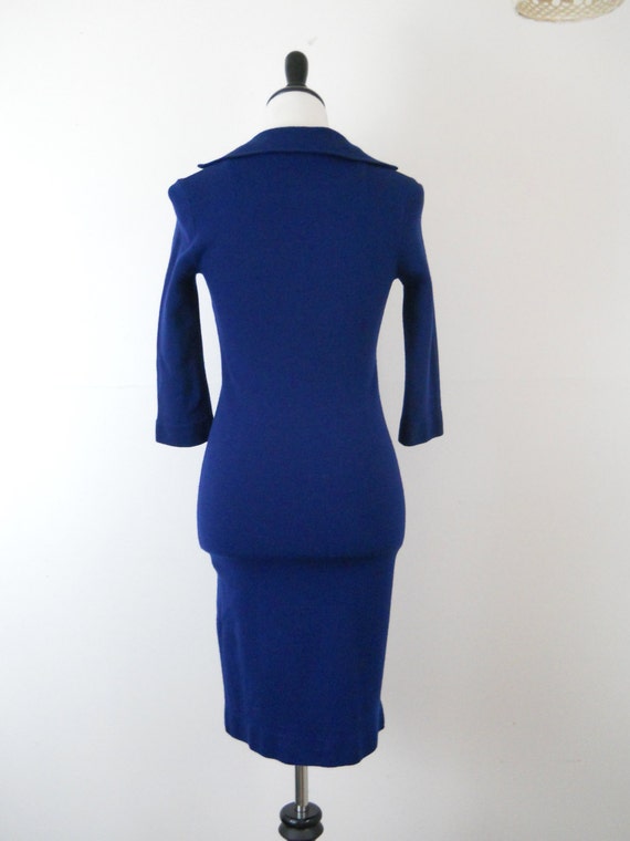 Vintage Navy Blue Wool Fitted Mad Men Dress Size … - image 3