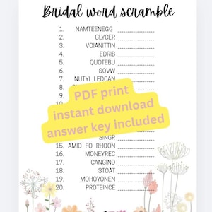 Bridal shower word scramble instant download PDF printable