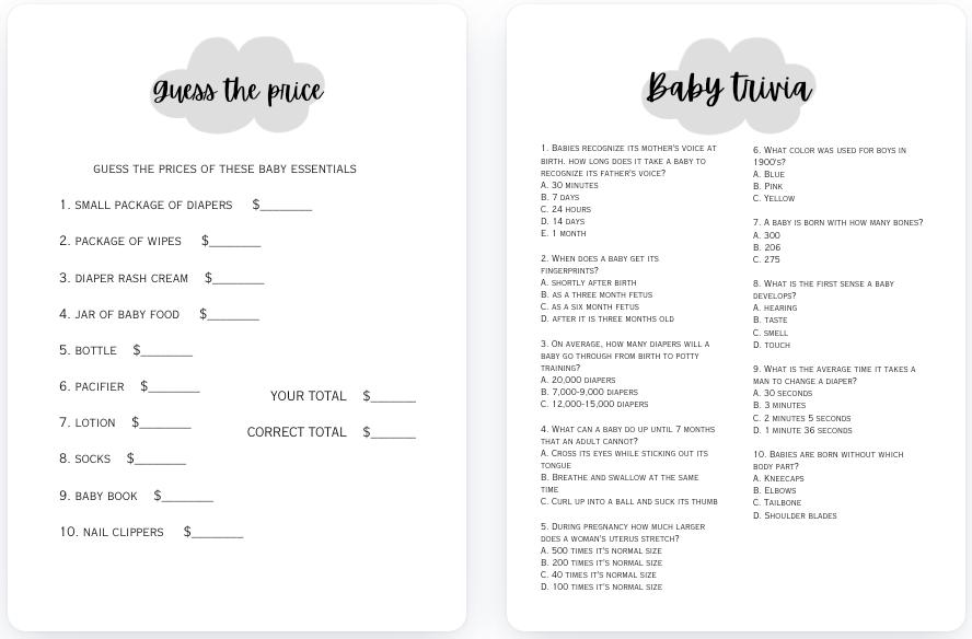 10 Baby Shower Games With Answer Key Digital Download Print Your Own