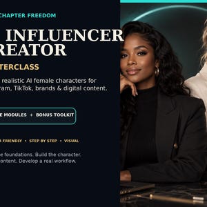 May include: A digital advertisement for an AI Influencer Creator Masterclass. The text reads: NEXT CHAPTER FREEDOM, AI INFLUENCER CREATOR, MASTERCLASS, Create realistic AI female characters for Instagram, TikTok, brands & digital content, 6 CORE MODULES + BONUS TOOLKIT, BEGINNER FRIENDLY, STEP BY STEP, VISUAL, Learn the foundations. Build the character. Create content. Develop a real workflow. Two women are visible on the right side.