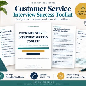 Puede incluir: Un conjunto de documentos digitales Customer Service Interview Success Toolkit que incluye una portada, una lista What's Inside, preguntas de entrevista y una hoja de práctica STAR. Las páginas tienen texto azul oscuro sobre papel blanco.