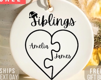 Personalized Siblings Christmas Ornament, Puzzle Heart Design