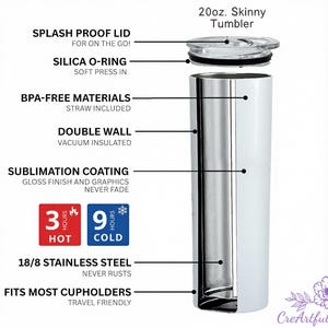 May include: A 20 oz. skinny tumbler with a splash-proof lid, silica O-ring, and double-wall vacuum insulation. Features BPA-free materials and 18/8 stainless steel. Keeps drinks hot for 3 hours and cold for 9 hours. Fits most cup holders.