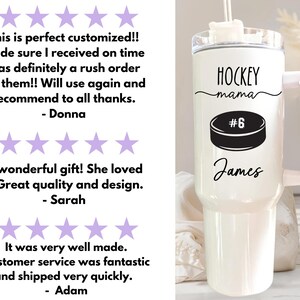 May include: White insulated tumbler with a black hockey puck graphic and the text "HOCKEY mama #6 James". The tumbler has a lid and a straw. Customer reviews are visible on the left.
