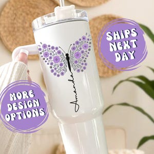 Purple Butterfly Tumbler With Handle Butterfly Tumbler Cup With Straw Butterfly Lover Cup Butterfly Gifts For Her Butterfly Lovers Gift Mug