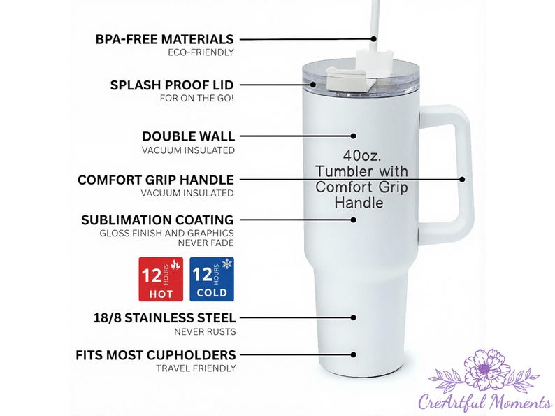 May include: White 40oz tumbler with a comfort grip handle, splash-proof lid, and double-wall vacuum insulation. Features sublimation coating for gloss finish and graphics that never fade. Keeps drinks hot or cold for 12 hours. Made with BPA-free materials.