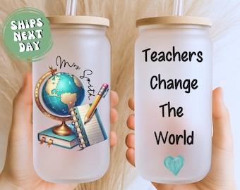 Teacher Glass Cup Gift For Back To School Coffee Cup Teacher Iced Coffee Cup Teacher Appreciation Frosted Glass Tumbler Teacher Frosted Cup