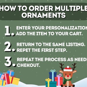 May include: A green graphic with instructions on how to order multiple ornaments. The text reads: Enter your personalisation, add to cart, return to the listing, repeat the first step, and checkout. Colourful gift boxes and a reindeer are at the bottom.