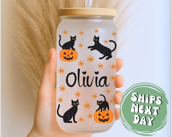 Halloween Cat Glass Cup With Lid And Straw Personalized Halloween Black Cat Glass Tumbler Halloween Cat Iced Coffee Cup Gift For Halloween