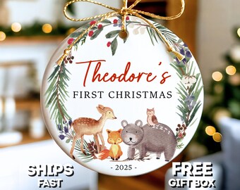 Personalized Baby's First Christmas Ornament: Woodland Animals