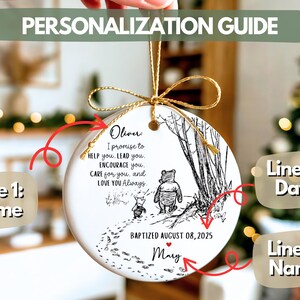 May include: A personalised ceramic ornament featuring a Winnie the Pooh illustration. The ornament includes the text "Oliver, I promise to help you, lead you, encourage you, care for you, and love you always." It also includes the date "BAPTIZED AUGUST 08, 2025" and the name "Mary."