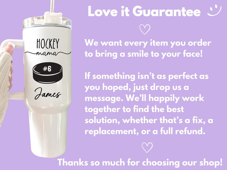May include: White tumbler with a handle, straw, and lid. The tumbler features the text "HOCKEY mama" above a black and white hockey puck graphic with the number 6. Below the puck is the name "James".