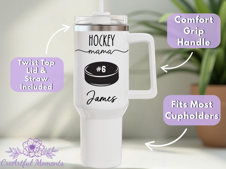 May include: White insulated tumbler with a handle, featuring the text "HOCKEY mama" and a hockey puck graphic. Includes a twist-top lid and straw. The name "James" is printed below the puck. The tumbler fits most cup holders.