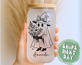 Halloween Ghost Glass Cup With Lid And Straw Personalized Halloween Ghost Coffee Mug Halloween Ghost Iced Coffee Cup Gift For Halloween Cup