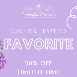 May include: A lavender-colored graphic with text that says "CLICK THE HEART TO FAVORITE". The image also includes a sprig of lavender flowers and a white arrow. The text "50% OFF LIMITED TIME" is also present.