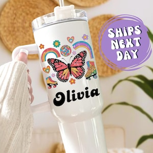 Retro Butterfly Tumbler With Handle Butterfly Tumbler Cup With Straw Butterfly Travel Mug Butterfly Lover Cup Butterfly Gift For Women Cup