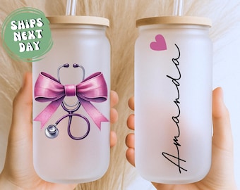 Custom Nurse Coquette Glass Tumbler For Nurse Appreciation Week Gift Glass Cup Nurse Frosted Cup Nurse Graduation Glass Iced Coffee Cup Gift