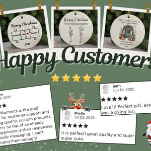May include: Three white Christmas ornaments with festive designs, displayed in a photo frame style. The ornaments feature text like "Merry Christmas" and personalized messages. The image also includes customer reviews and holiday-themed illustrations.