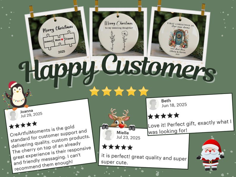 May include: Three white Christmas ornaments with festive designs, displayed in a photo frame style. The ornaments feature text like "Merry Christmas" and personalized messages. The image also includes customer reviews and holiday-themed illustrations.