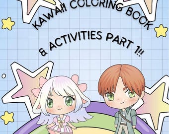 Peut inclure: Illustration colorée pour un "Kawaii Coloring Book & Activities Part 1!!". La couverture présente deux personnages de style anime sur un arc-en-ciel, entourés d'étoiles et d'une couronne. Le fond est bleu clair avec un motif quadrillé.