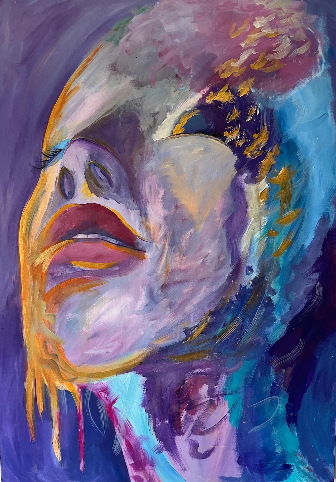 Large Abstract Colorful Portrait Painting, Modern Acrylic Canvas Art ...